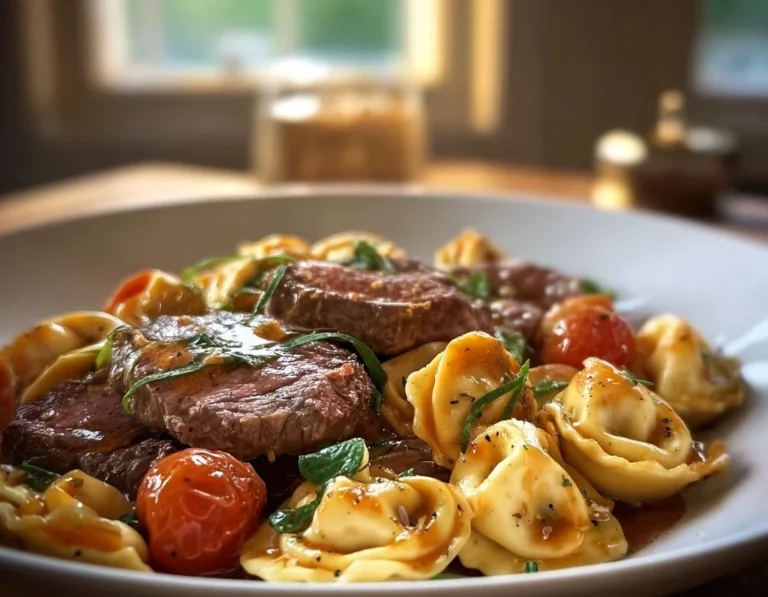 Delicious steak tortellini served with fresh herbs and sauce