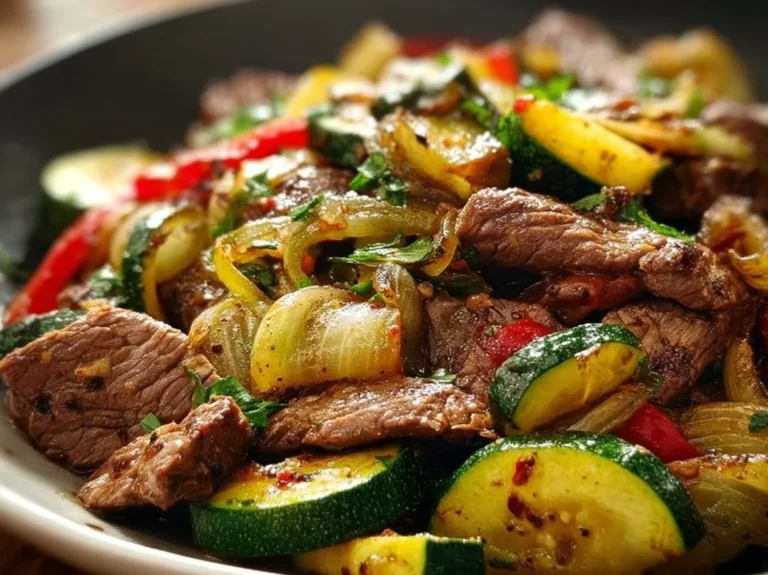 Delicious steak zucchini skillet with vibrant vegetables in a frying pan