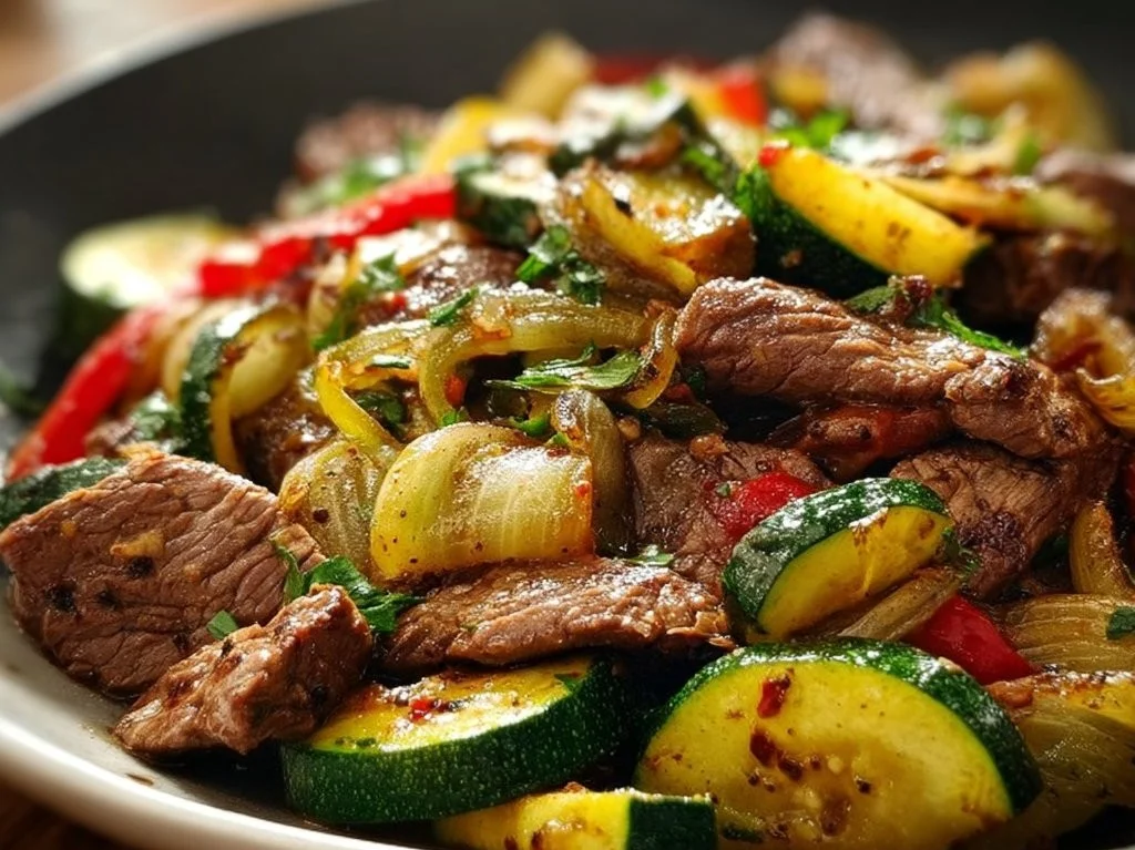 Delicious steak zucchini skillet with vibrant vegetables in a frying pan
