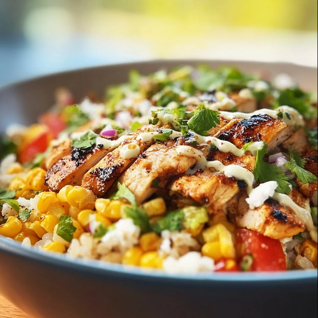 Delicious Street Corn Chicken Bowl with grilled chicken and vibrant toppings