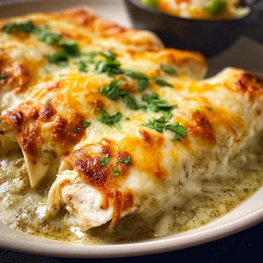 Delicious white chicken enchiladas topped with creamy sauce and cheese.