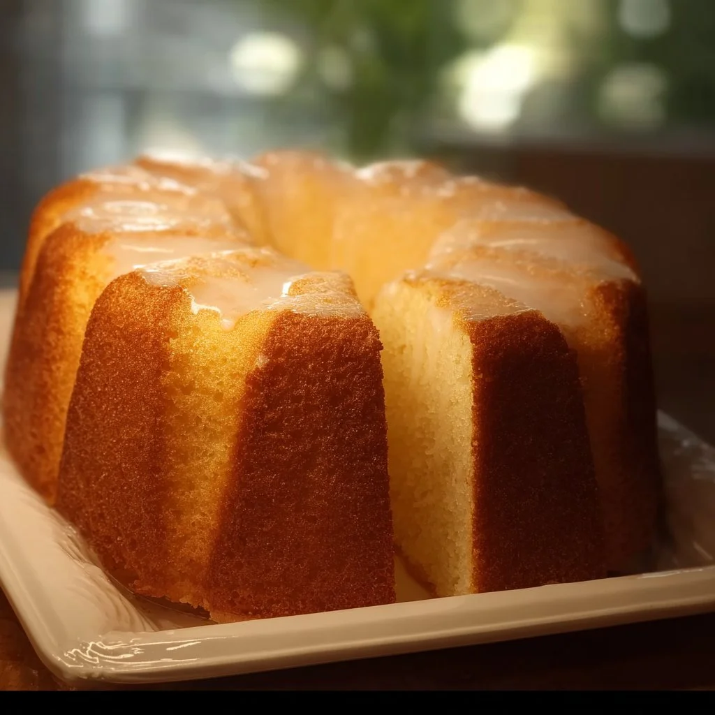 Delicious 7UP Pound Cake topped with icing and garnished with lemon slices