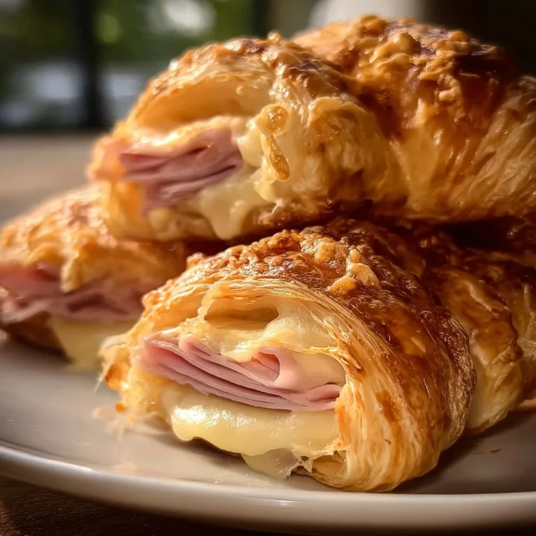 Freshly baked ham and cheese croissants on a wooden board
