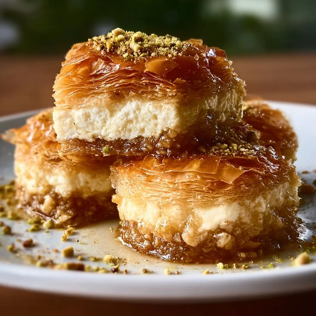 Baklava cheesecake phyllo cookies stacked on a plate, showcasing a fusion dessert.
