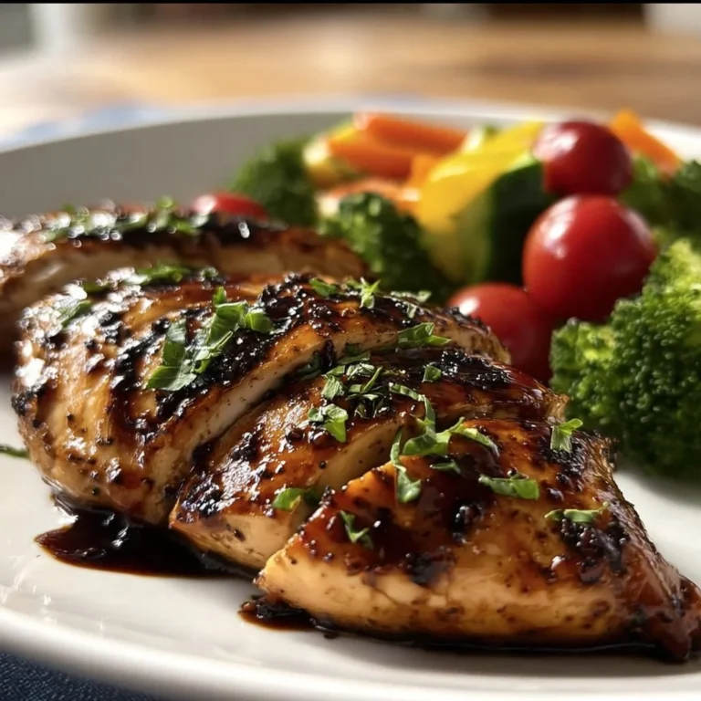 Juicy Balsamic Chicken Breast garnished with herbs and served on a plate.