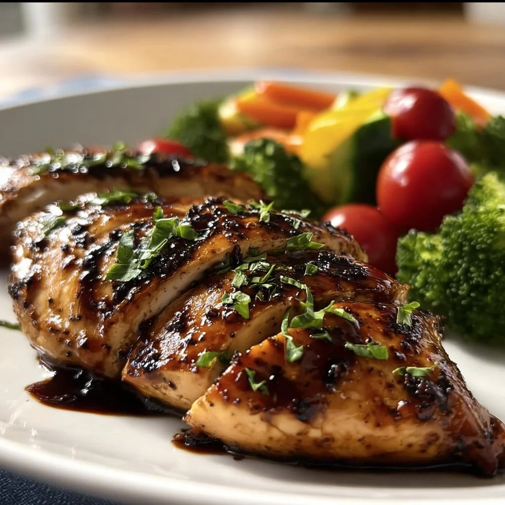 Juicy Balsamic Chicken Breast garnished with herbs and served on a plate.