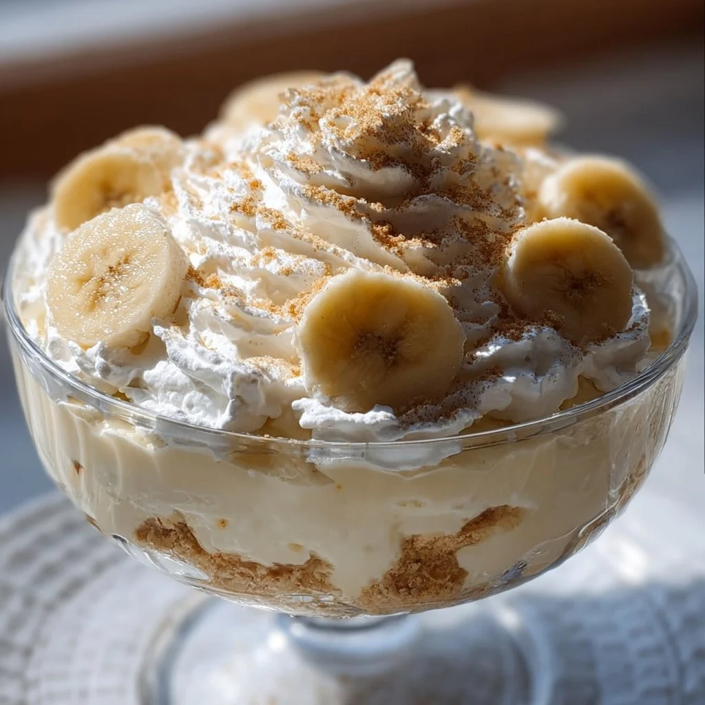 Delicious Banana Pudding Fluff served in a glass bowl with fresh banana slices.