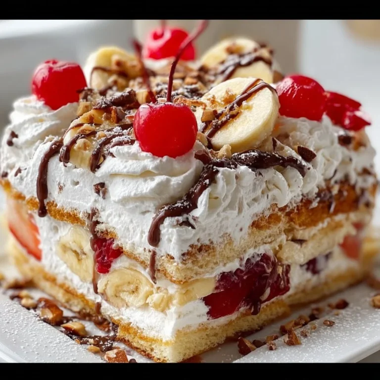 Delicious Banana Split Cake with layers of banana, cream, and chocolate drizzle.