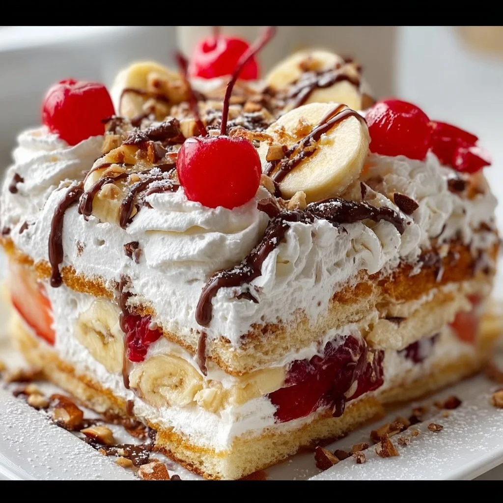 Delicious Banana Split Cake with layers of banana, cream, and chocolate drizzle.