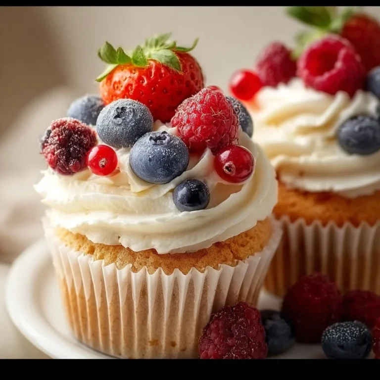 Berries and cream cupcakes topped with fresh berries and whipped cream