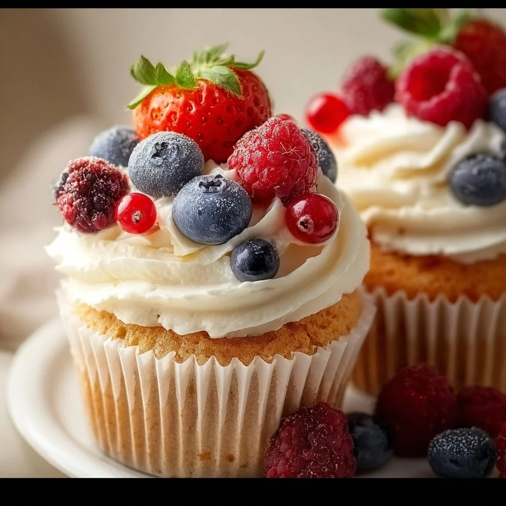 Berries and cream cupcakes topped with fresh berries and whipped cream