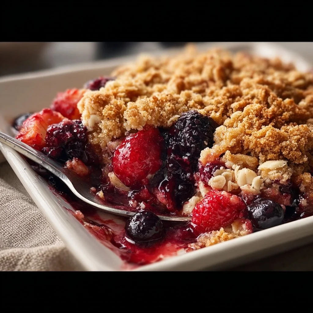 Delicious homemade berry crisp dessert with fresh berries and crunchy topping
