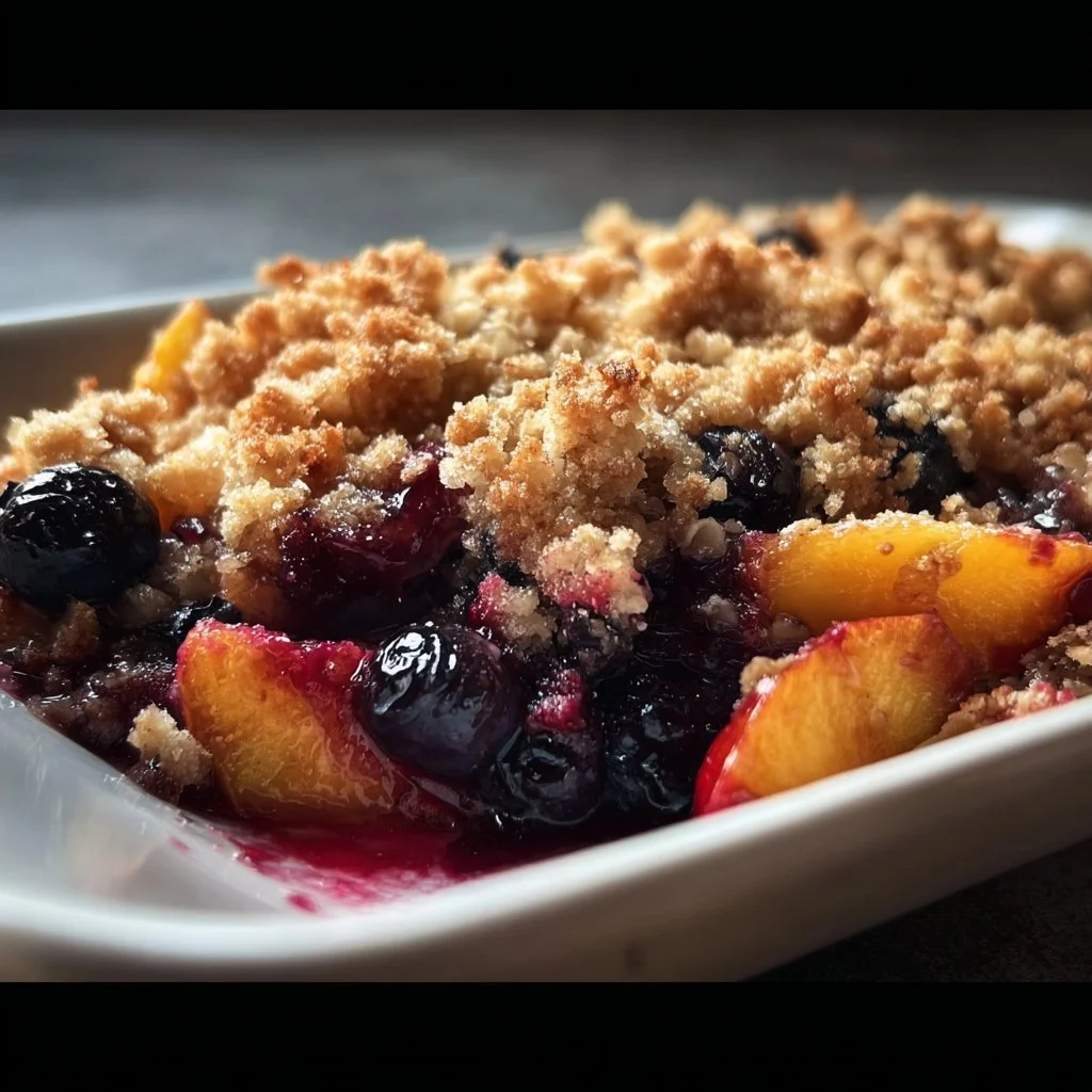 Delicious Blueberry Peach Crumble dessert with fresh blueberries and peaches
