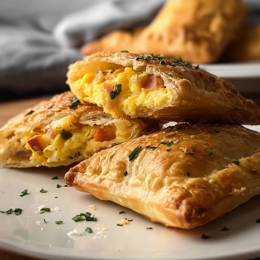 Homemade breakfast hot pockets filled with eggs, cheese, and vegetables.
