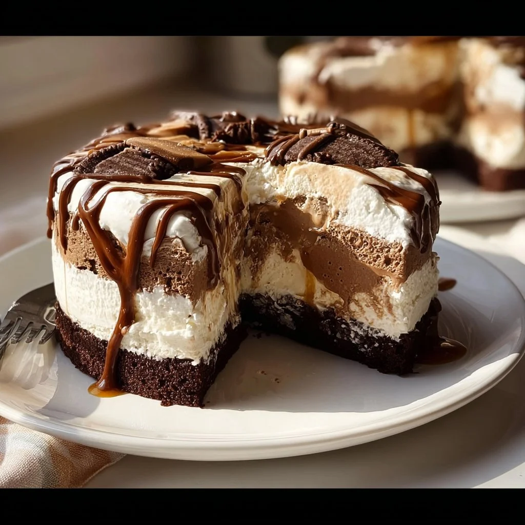 Decadent Brownie Ice Cream Cake topped with chocolate drizzle and sprinkles