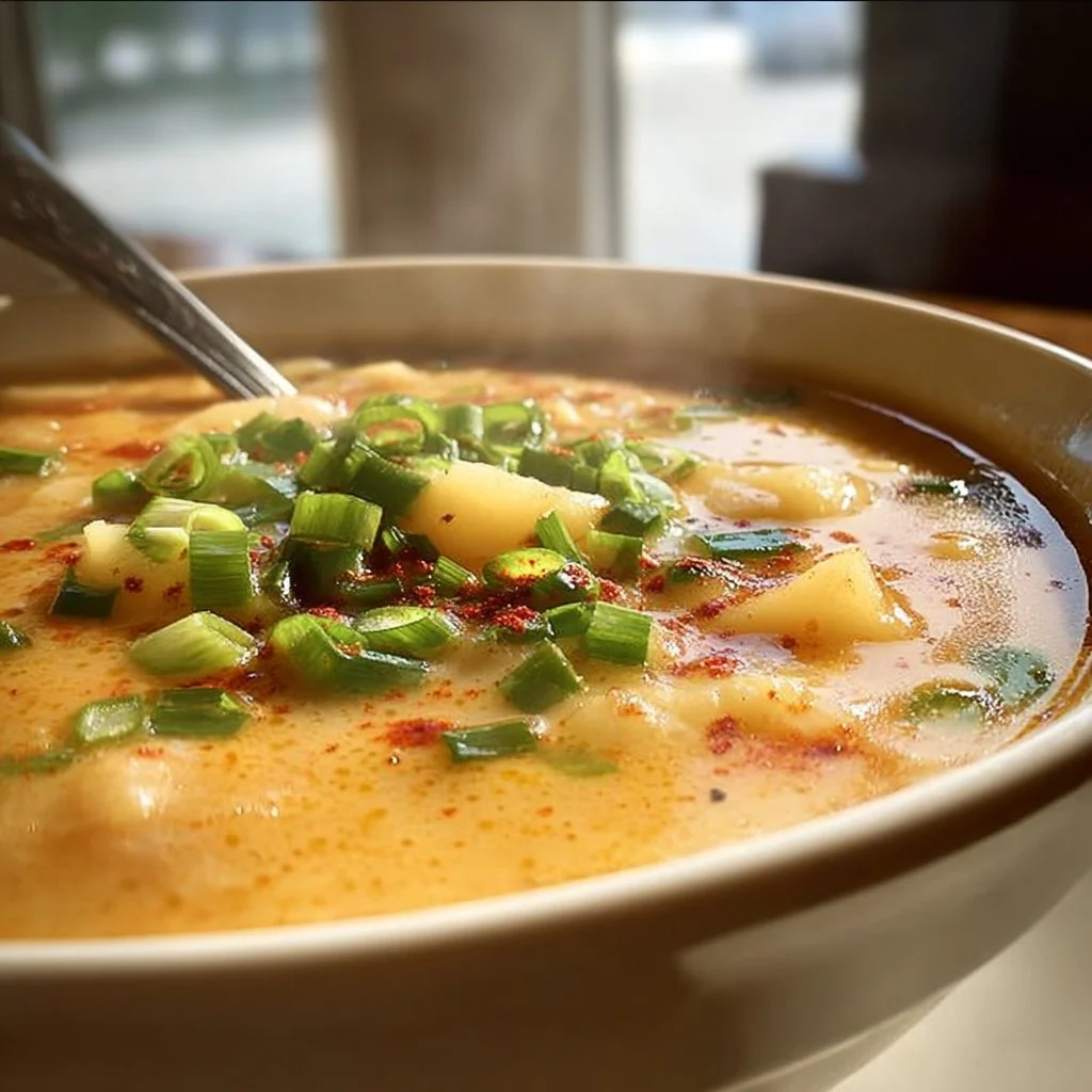 Bowl of flavorful Cajun Potato Soup garnished with green onions