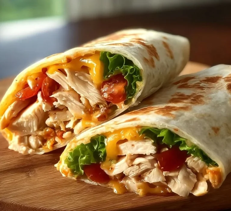 Delicious cheesy garlic chicken wrap served on a plate, garnished with herbs.