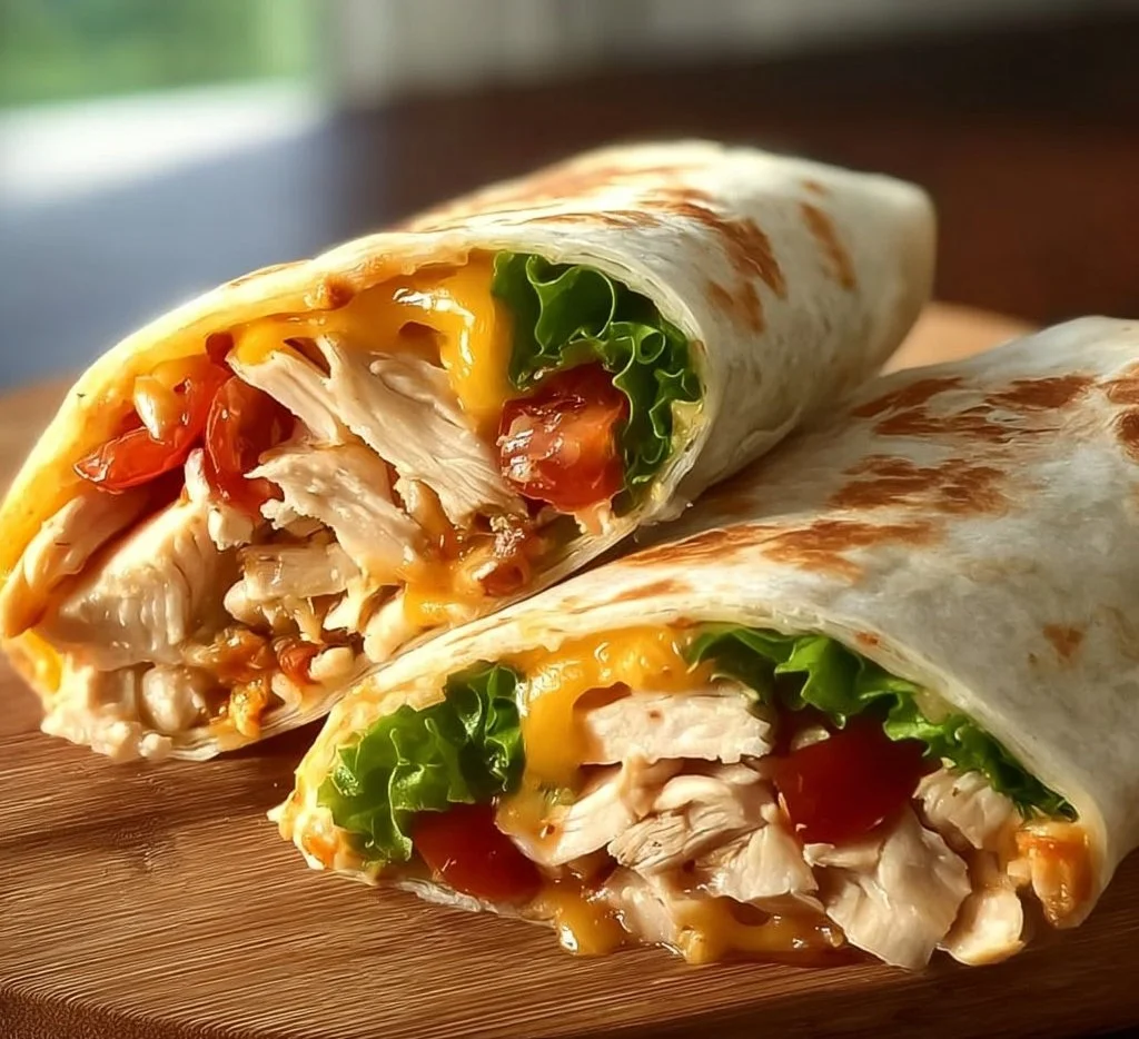 Delicious cheesy garlic chicken wrap served on a plate, garnished with herbs.
