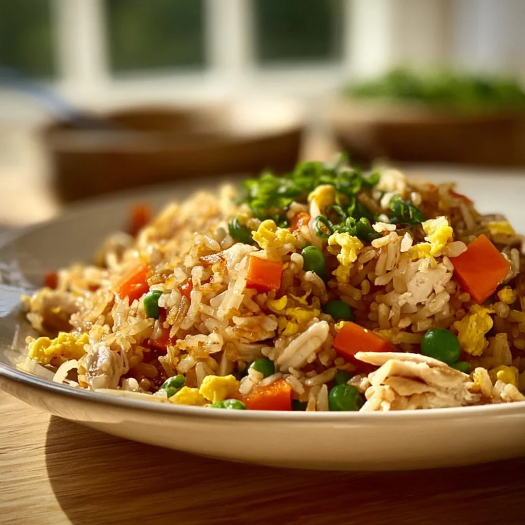Delicious chicken fried rice served in a bowl with vegetables and chicken pieces