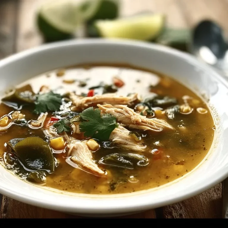 Bowl of hearty Chicken Poblano Soup topped with fresh cilantro and lime