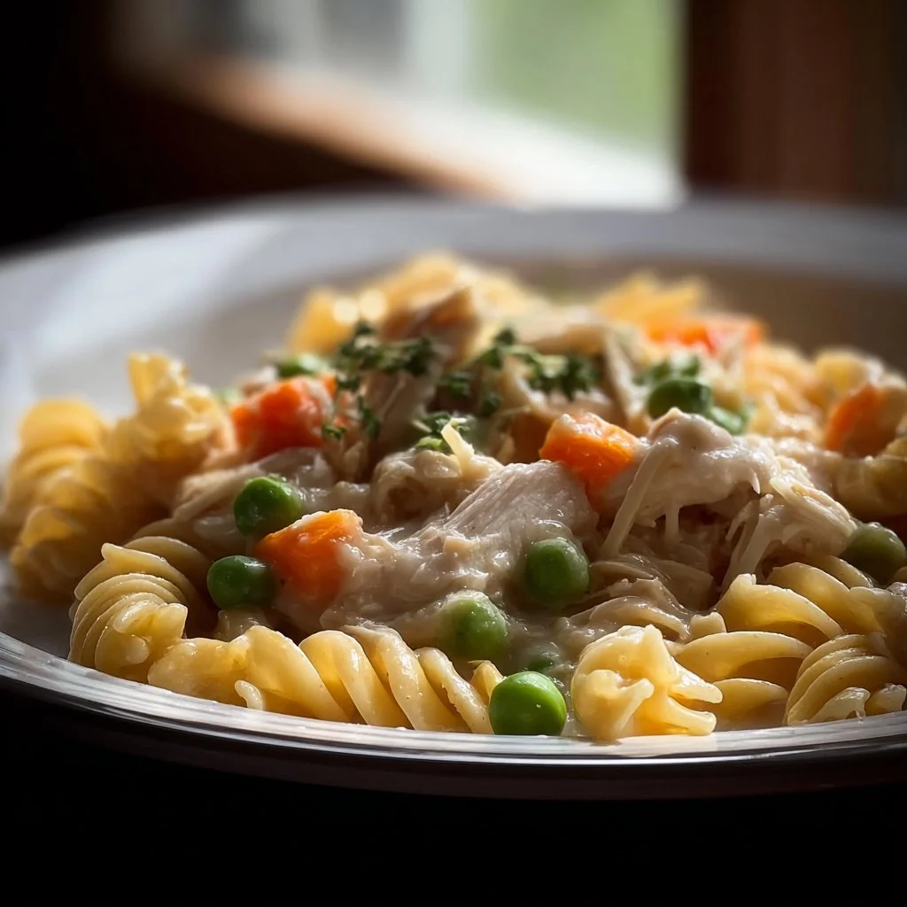 Chicken Pot Pie Pasta with creamy sauce and vegetables served in a bowl
