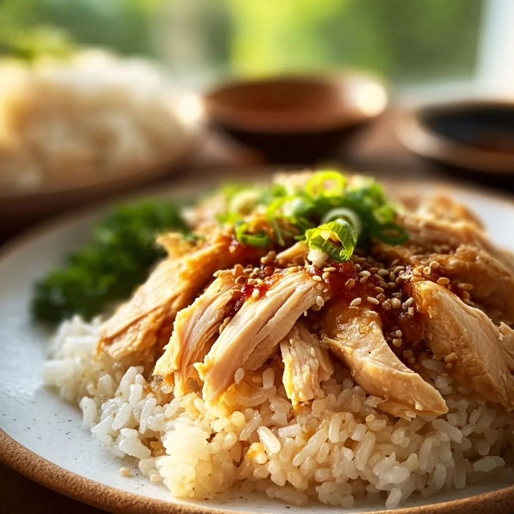 Delicious chicken rice comfort meal garnished with fresh herbs.