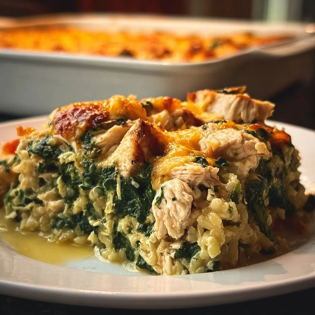 Creamy Chicken Spinach Casserole topped with cheese and fresh herbs
