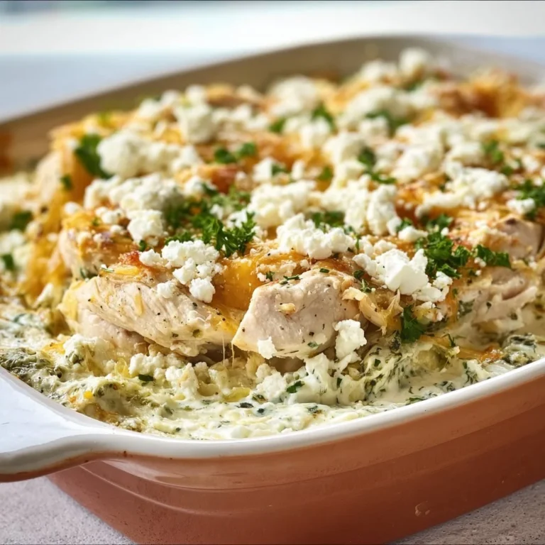 A creamy Chicken Tzatziki Casserole topped with herbs and served in a baking dish