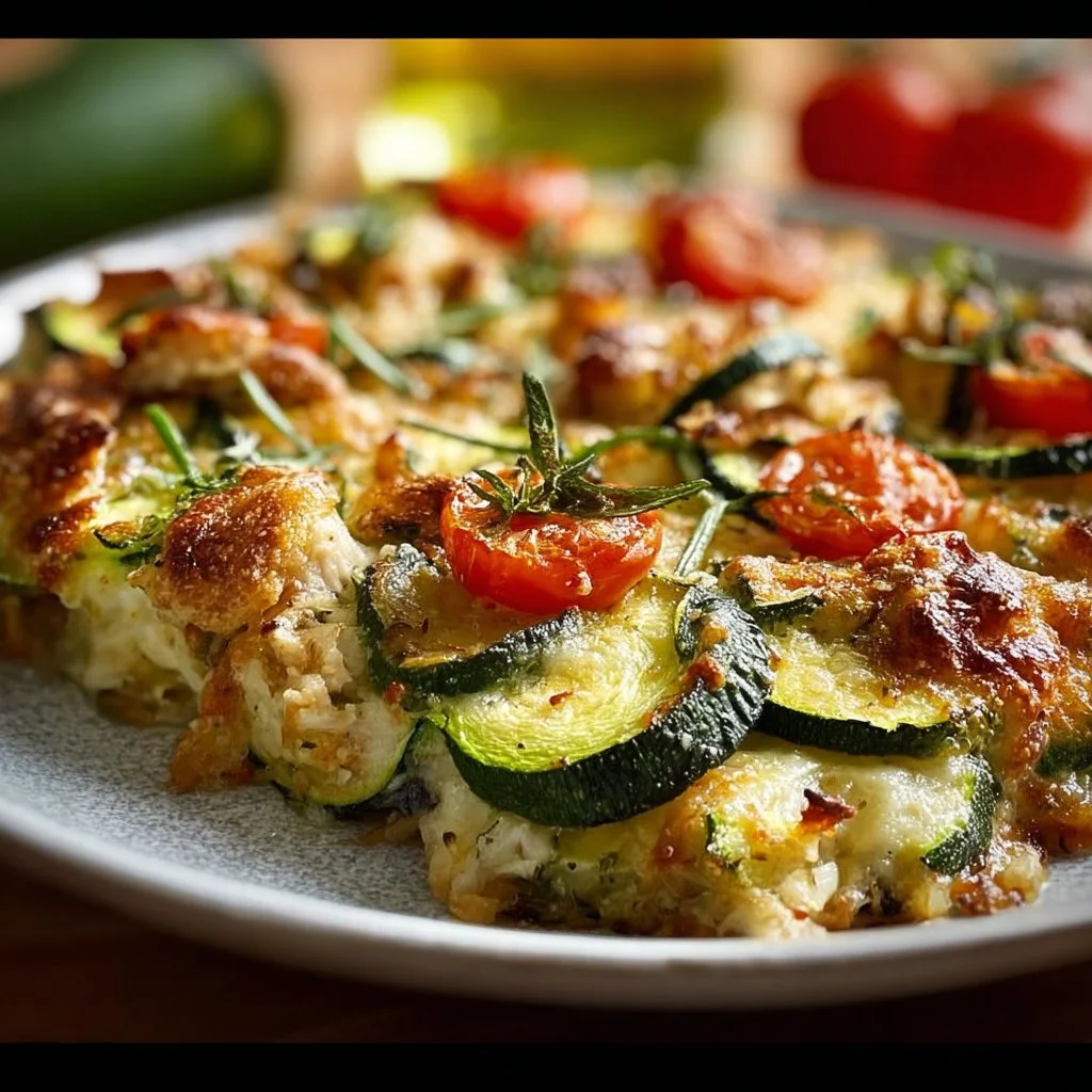 Delicious chicken zucchini bake served in a dish, garnished and ready to eat.