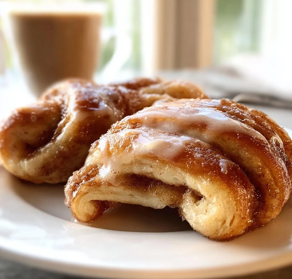 Freshly baked cinnamon roll crescents topped with icing on a plate.