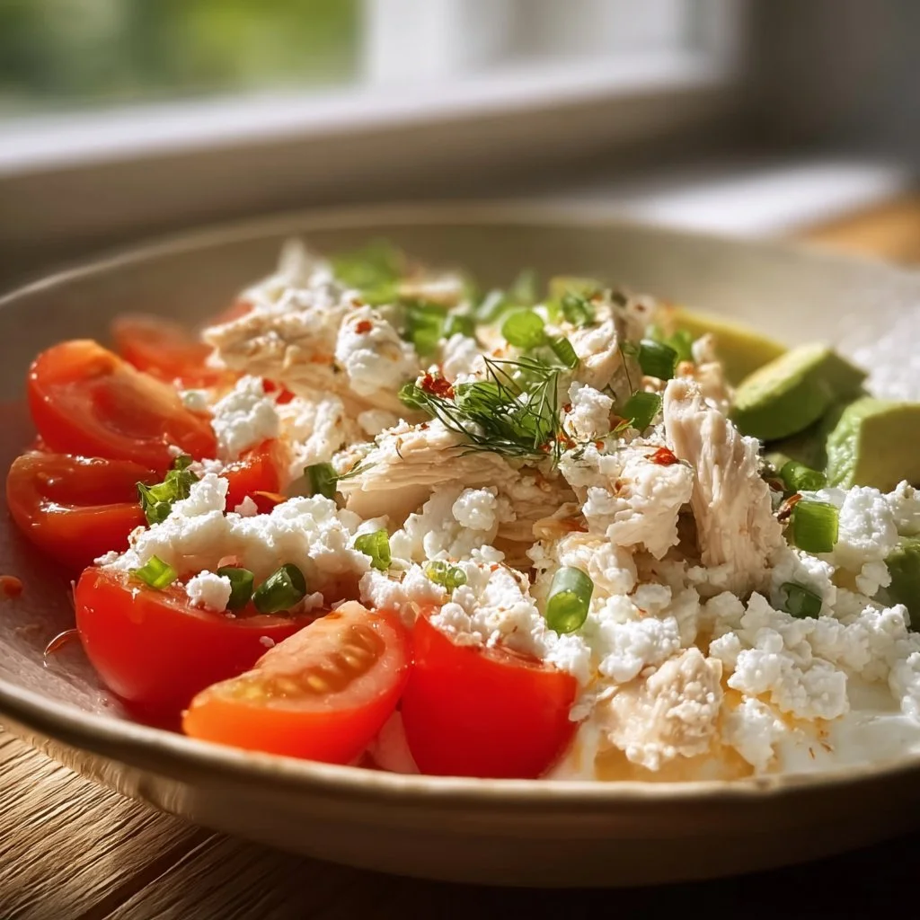 Cottage Cheese Chicken Bowl with fresh ingredients and colorful toppings