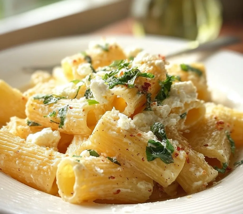 Creamy Cottage Cheese Rigatoni topped with fresh herbs and cheese