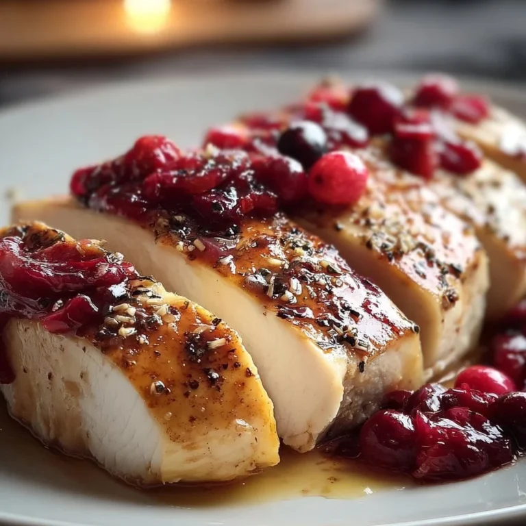 Plate of Cranberry Brie Chicken with melted brie and cranberry sauce.