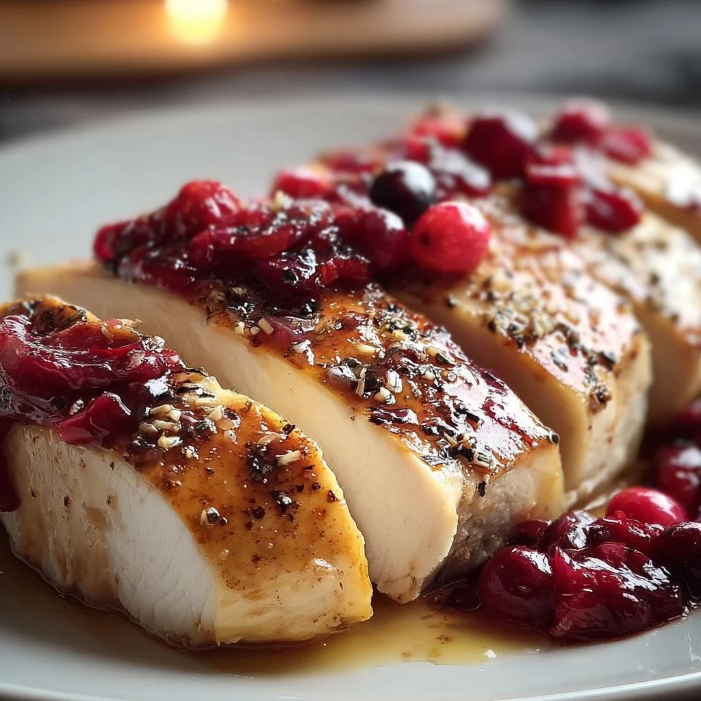 Plate of Cranberry Brie Chicken with melted brie and cranberry sauce.