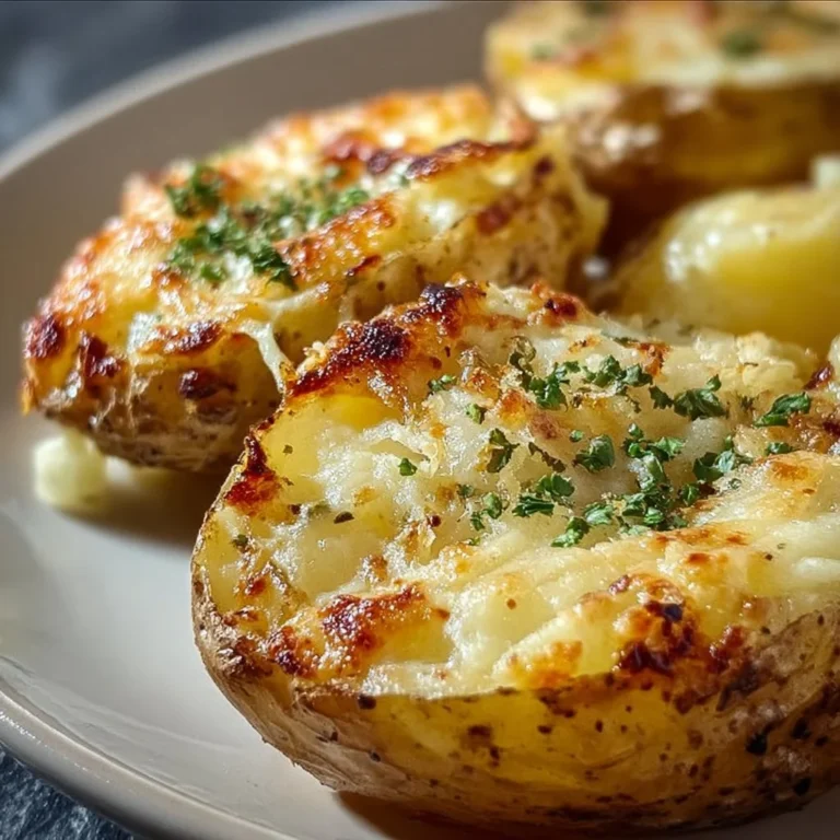Delicious creamy Parmesan oven-baked potatoes garnished with herbs.