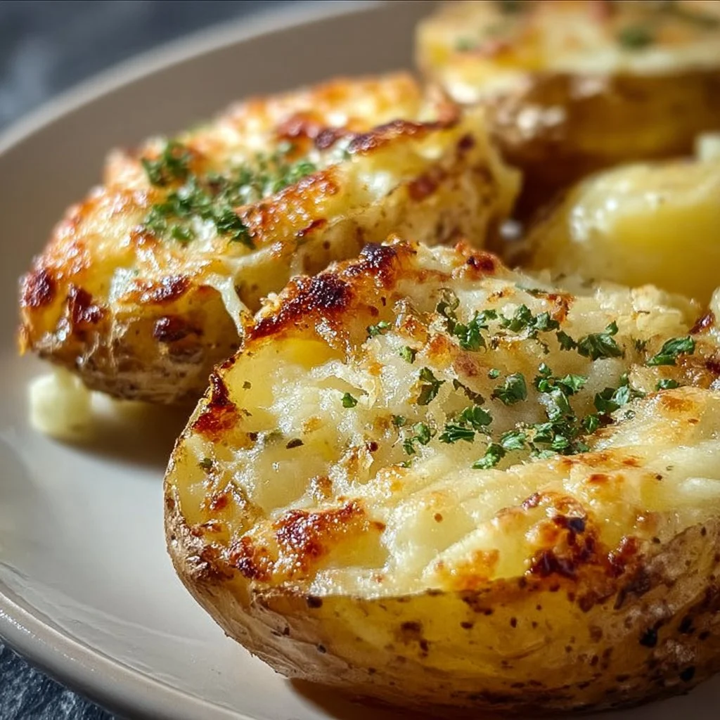 Delicious creamy Parmesan oven-baked potatoes garnished with herbs.