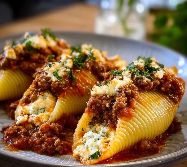 Creamy ricotta beef stuffed shells baked in marinara sauce