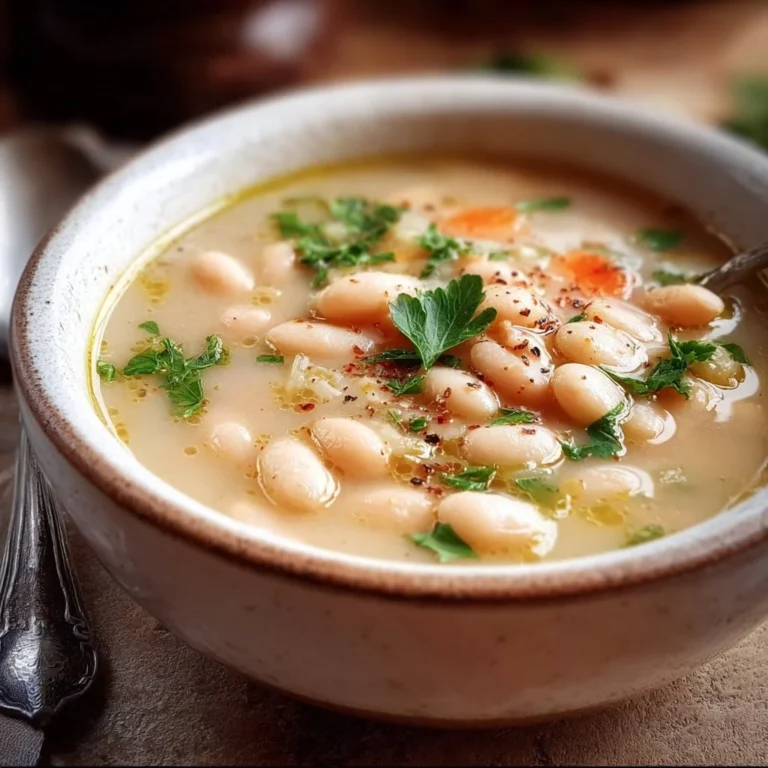 Bowl of creamy white bean soup garnished with herbs and served with bread.