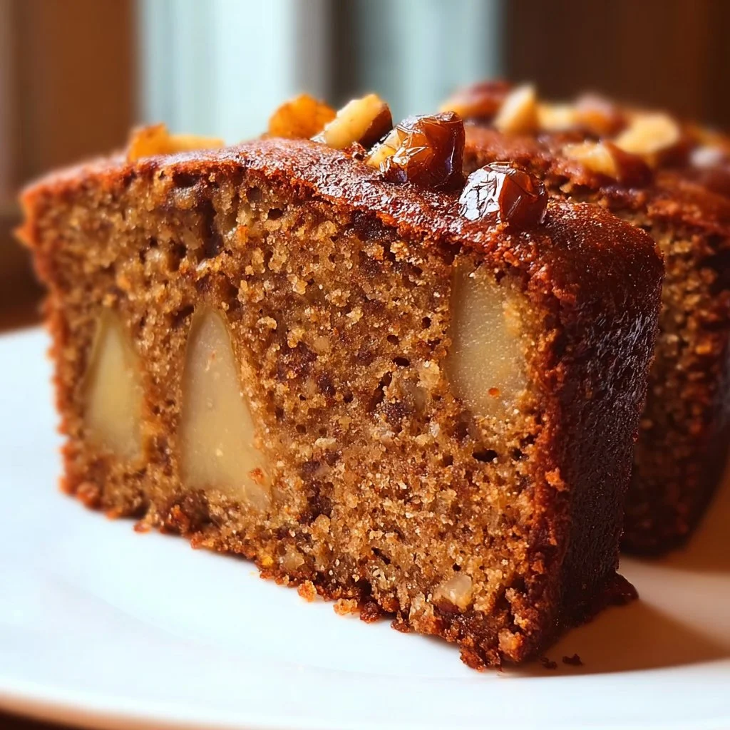 Delicious Date Pear Ginger Cake with topped ginger and pear slices