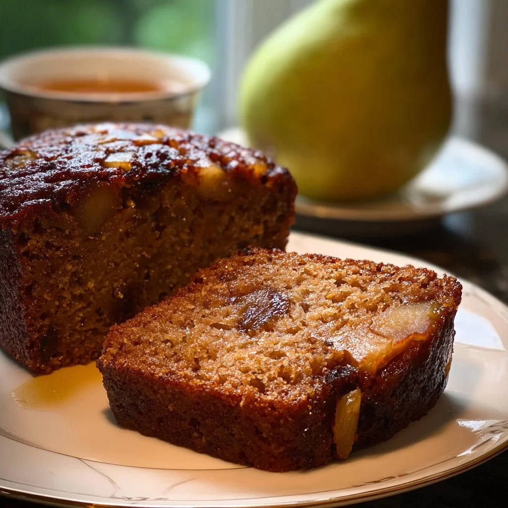 Date Pear Ginger Honey Tea Cake served on a plate with a spoon