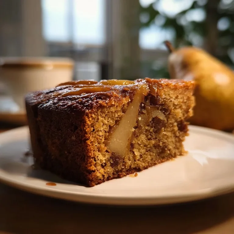 Slice of Date Pear Ginger Nutmeg Cake on a plate with a fork
