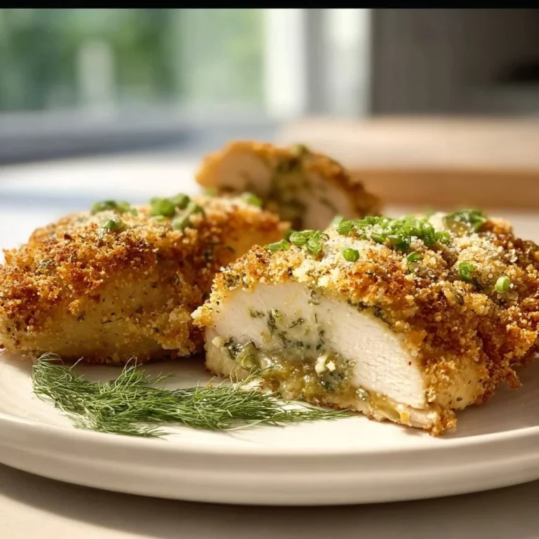 Dill Pickle Parmesan Chicken garnished with herbs and served on a plate