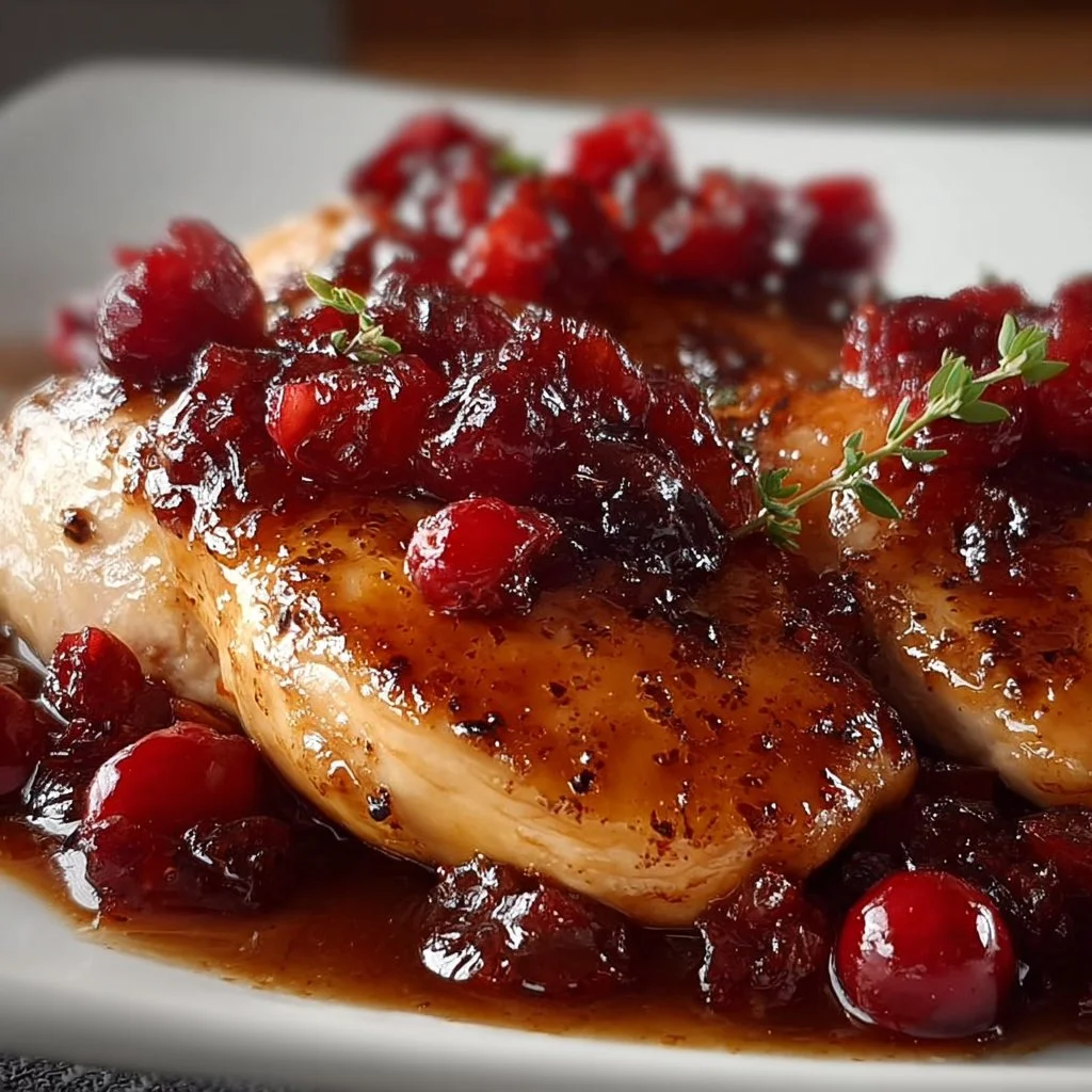 Easy cranberry chicken served on a plate with festive garnish