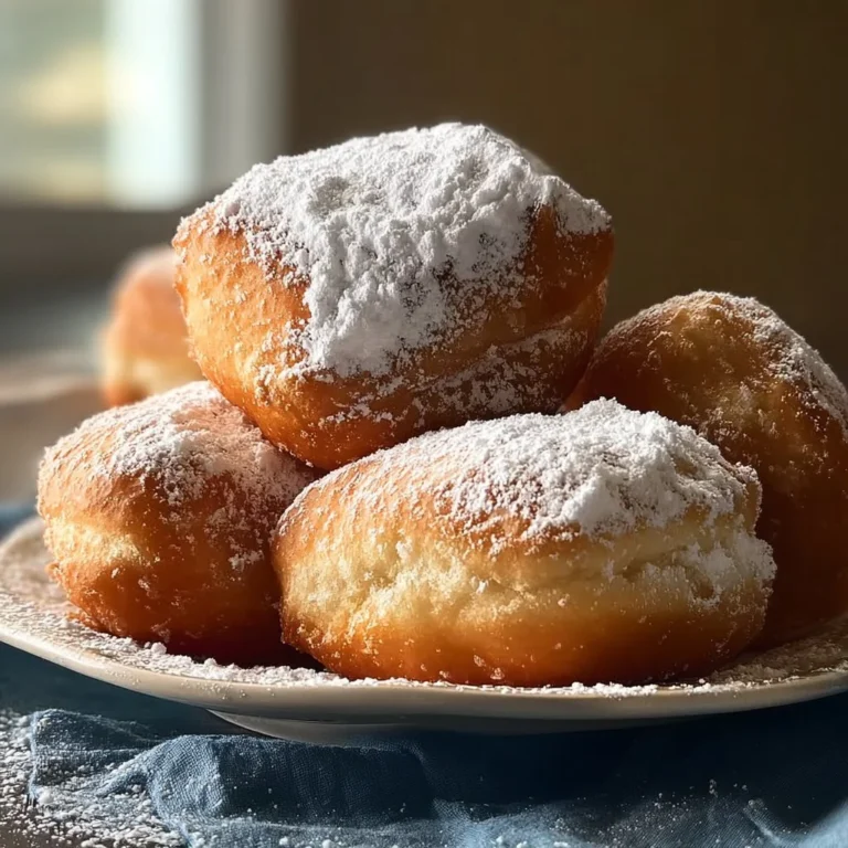 Plate of easy homemade beignets dusted with powdered sugar