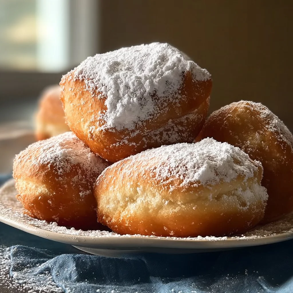 Plate of easy homemade beignets dusted with powdered sugar
