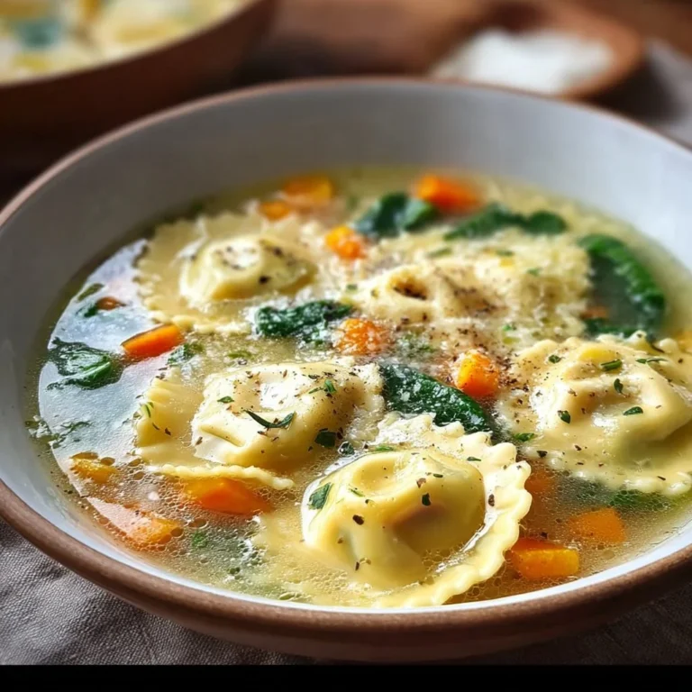 Bowl of easy homemade ravioli soup with fresh ingredients and herbs