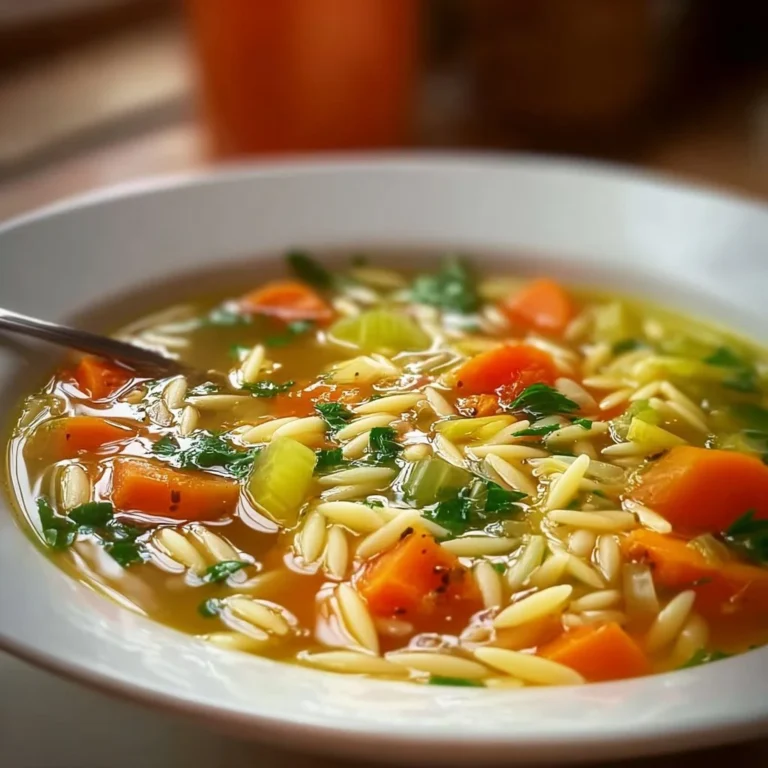 Bowl of easy orzo soup garnished with herbs