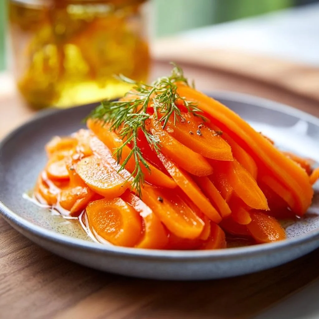 Bowl of easy homemade pickled carrots with spices and herbs