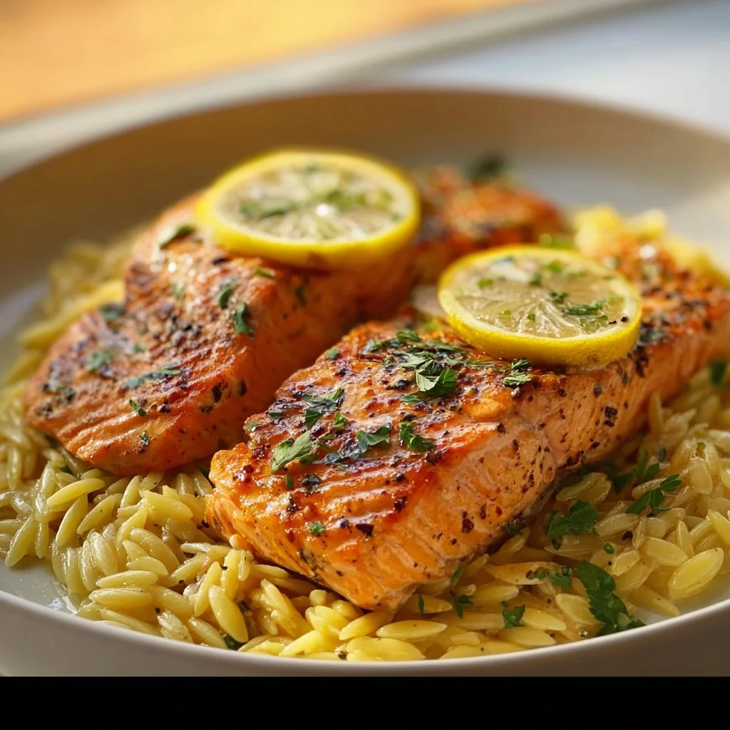 Delicious easy salmon lemon orzo dish garnished with herbs and lemon slices