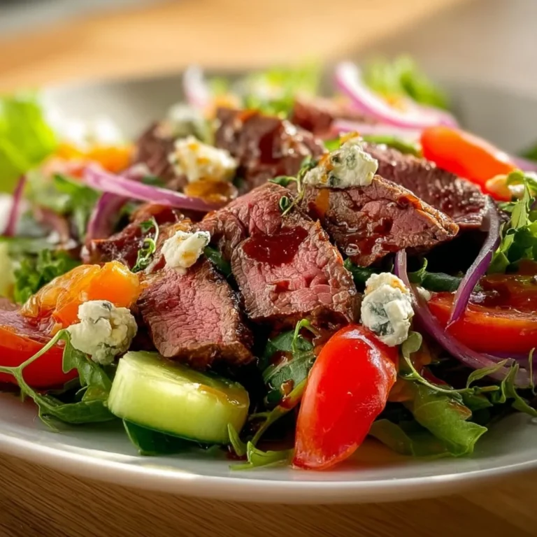 Deliciously prepared easy steak salad with fresh greens and vibrant vegetables